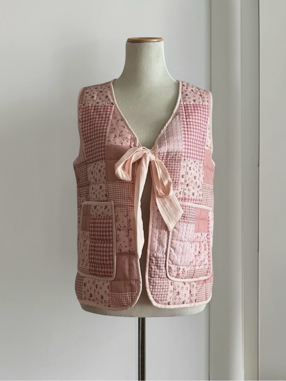 Stoosh Pink Patchwork Quilted Tie Front Vest NWT